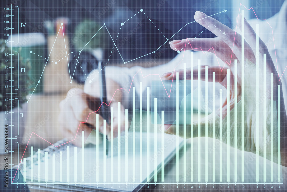 Forex chart displayed on woman's hand taking notes background. Concept of research. Multi exposure Forex chart displayed on woman's hand taking notes background. Concept of research. Multi exposure