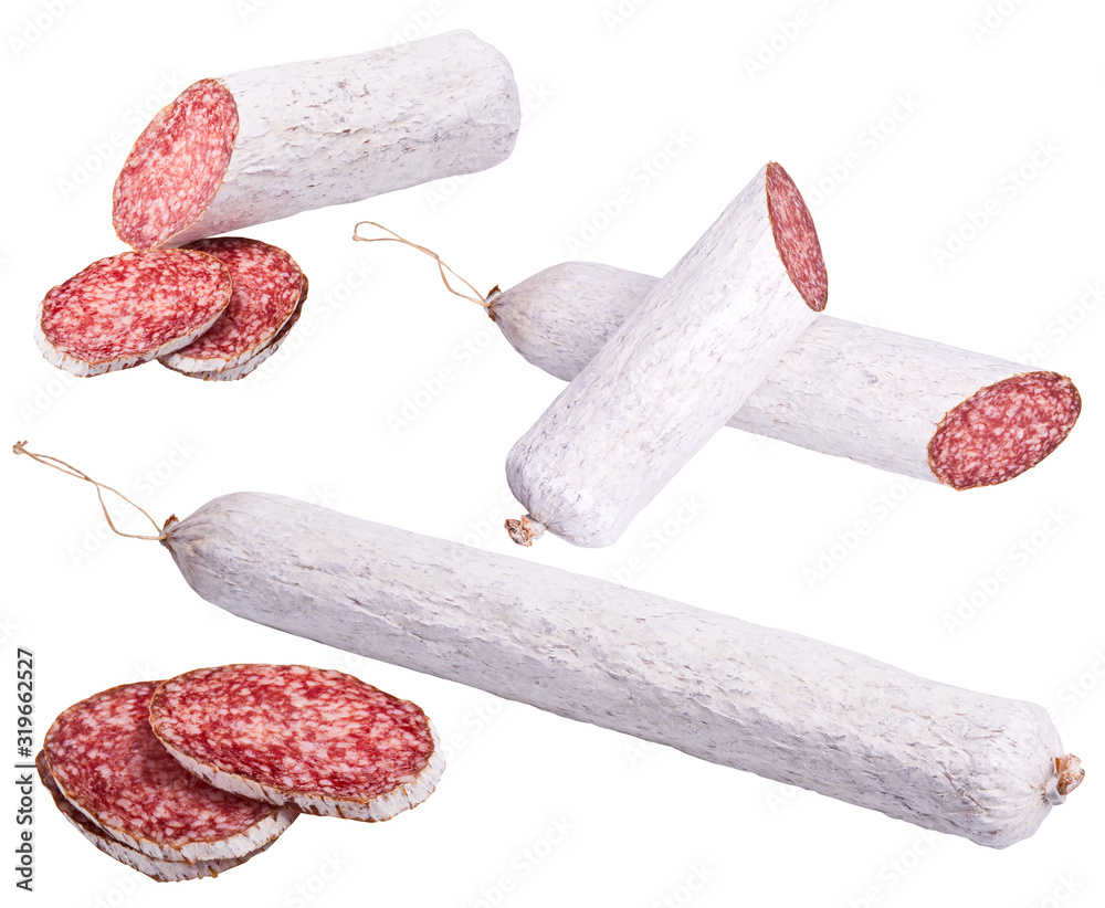 raditional white salami sausage, sliced salami isolated on white