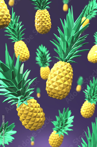 3D-illustration of flying pineapples against purple background.