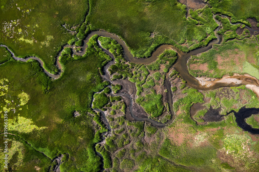 Obraz premium Aerial photography of Cape Cod`s awesome marshlands and pure wilderness. The picture shows green environment and an infinite diversity of the nature.