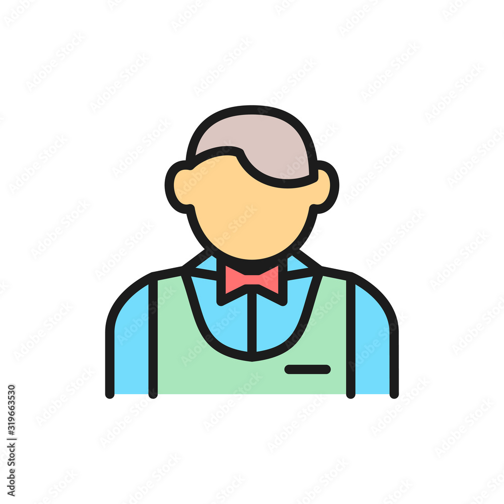 Waiter, bartender, sommelier flat color line icon.