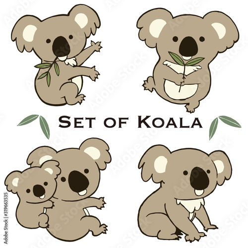 さまざまなポーズのコアラのイラストセット。