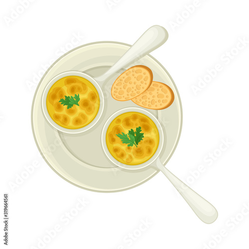 Julienne with Bread Slices Served on Plate Top View Vector Illustration