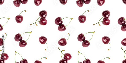 Seamless pattern of red cherry berries on white background isolated close up, beautiful burgundy bing cherries berry decorative ornament, fresh ripe tasty fruits wallpaper, summer backdrop art design