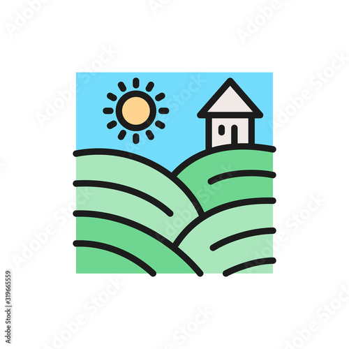 Vector vineyard fields with grapes flat color line icon.