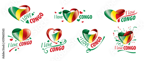 National flag of the Congo in the shape of a heart and the inscription I love Congo. Vector illustration