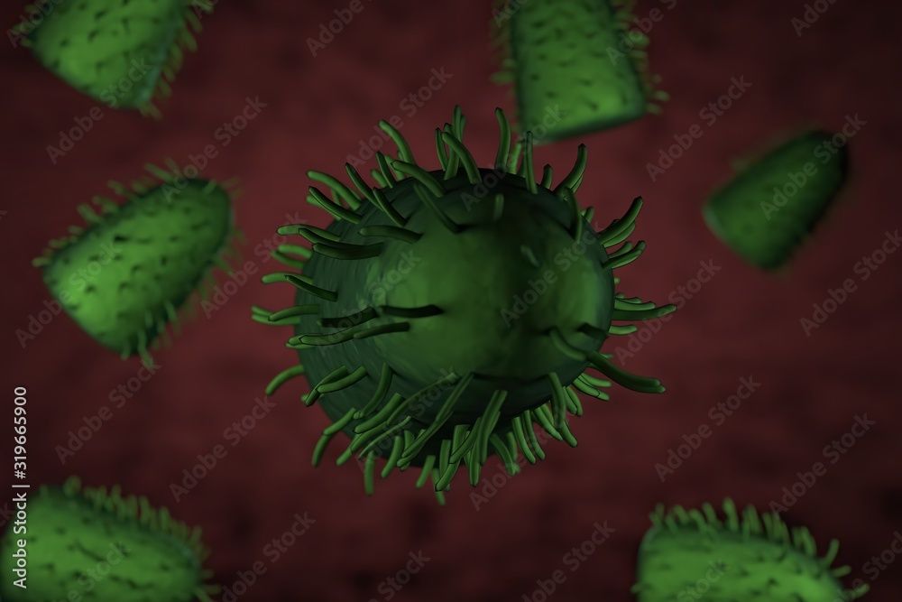 3d illustration, close up of microscope Rabies Virus