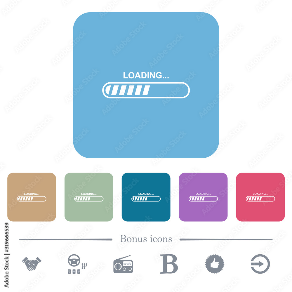 Loading flat icons on color rounded square backgrounds Loading flat icons on color rounded square backgrounds