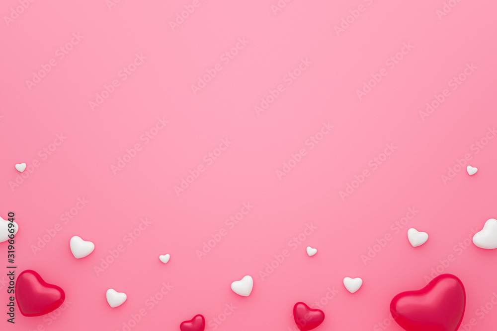 Blank frame and hearts pattern on pink background with Happy valentine day. Beautiful mini heart style. 3D rendering.