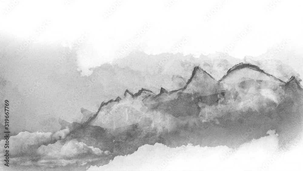 Watercolor background with mountains in fog, digital paintings, monochrome abstract