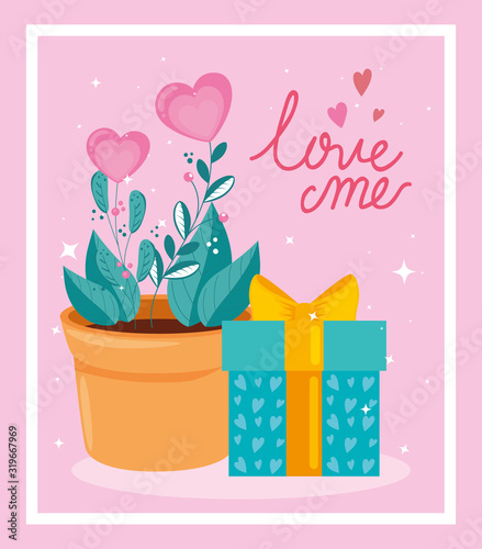 happy valentines day with flowers and gift box vector illustration design