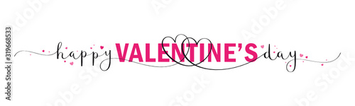 HAPPY VALENTINE’S DAY vector pink and black brush calligraphy banner with swashes and hearts