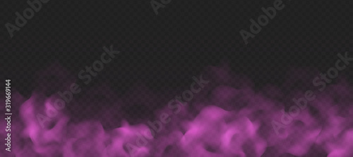 Pink fog or smoke cloud isolated on transparent background. Realistic smog, haze, mist or cloudiness effect. Realistic vector illustration.