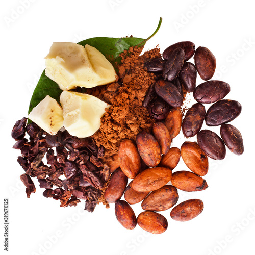 Cocoa butter, beans, powder and nibs with leaves isolated on a white background.