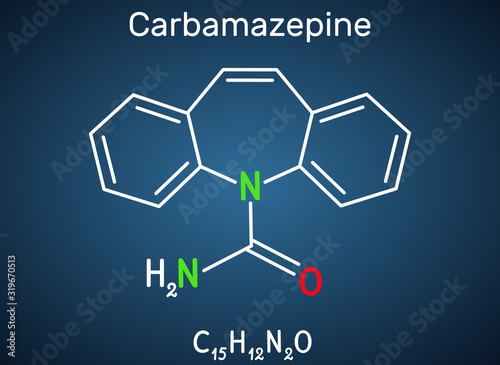 Carbamazepine, CBZ, C15H12N2O  molecule. It is anticonvulsant and analgesic drug, used in therapy of epilepsy and trigeminal neuralgia. Structural chemical formula on the dark blue background