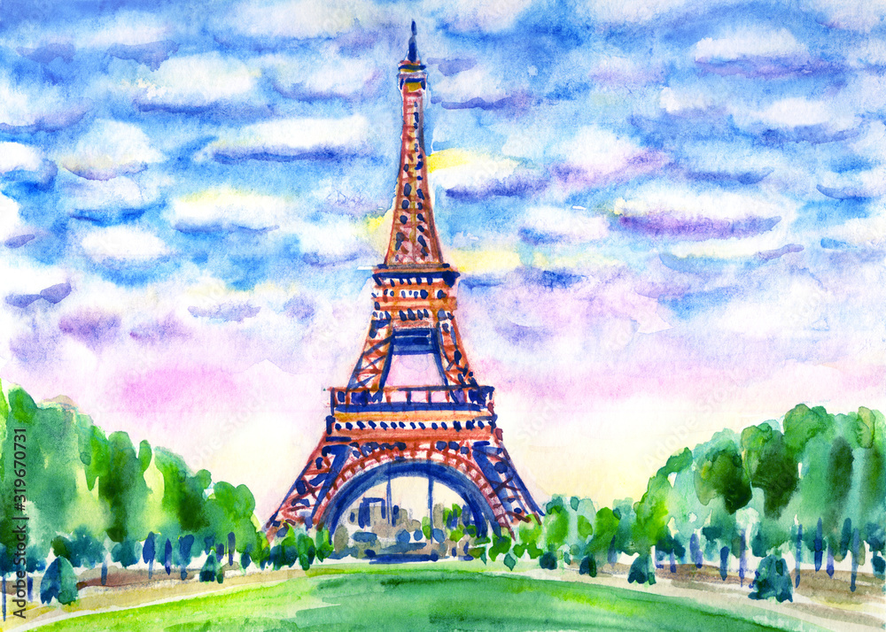 Paris landscape with eiffel tower, watercolor painting, cityscape, sketch.