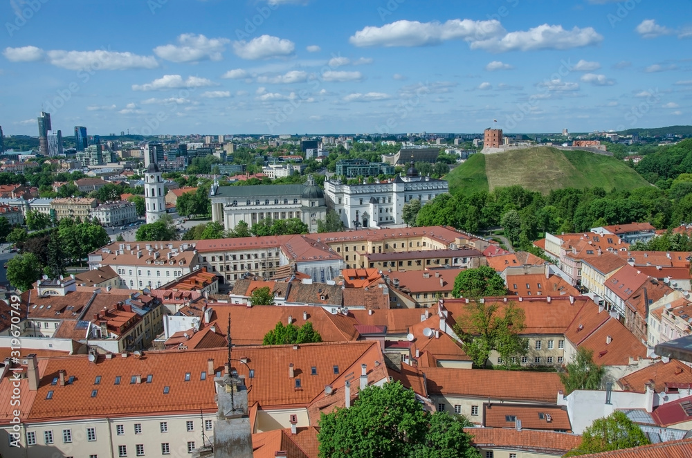 View from above of Vilnius, Lithuania.  View of St. Stanislaus Cathedral on Cathedral Square, Gediminas castle on the hill, red rooftops.