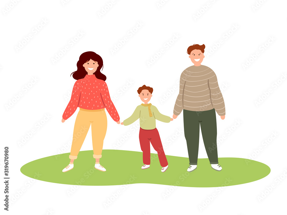 Happy family mother, father and son holding hands. Colorful vector illustration isolated on white background with grass. Abstract hand drawn characters design.
