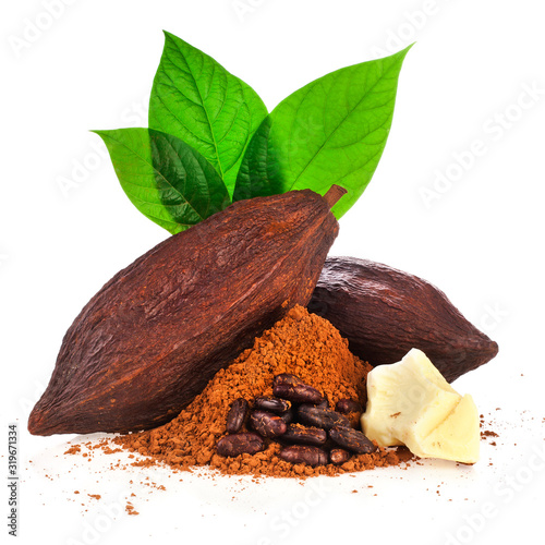 Cocoa pods, cocoa butter, cocoa beans and cacao powder with leaves isolated on a white background.