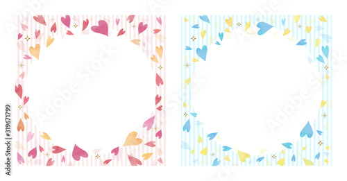 ピンクとブルーのハート 背景素材 2種セット ストライプ入り（正方形）