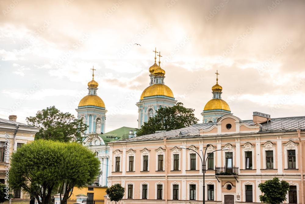 St. Nicholas Naval Cathedral, a major Baroque Orthodox cathedral in the western part of Central Saint Petersburg under the sunset.