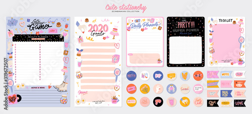Collection of weekly or daily planner, note paper, to do list, stickers templates decorated by cute love illustrations and inspirational quote. School scheduler and organizer. Flat vector