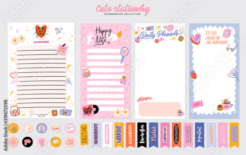 Collection of weekly or daily planner, note paper, to do list, stickers templates decorated by cute love illustrations and inspirational quote. School scheduler and organizer. Flat vector
