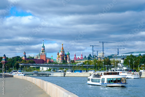 View of the Moscow Kremlin and St. Basil's Cathedral from the embankment of the Moscow River.