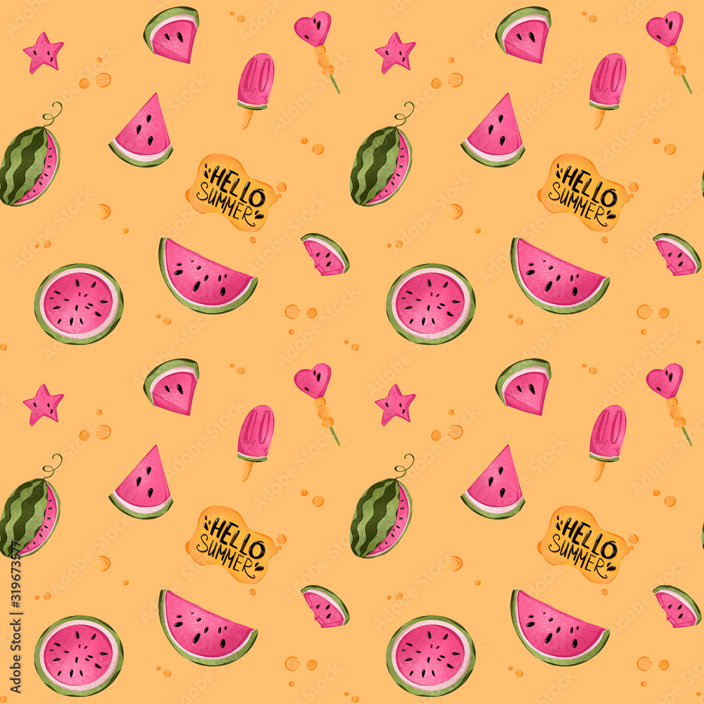 Digital illustration of a cute juicy hot pink watermelon pattern on a orange background. Print for fabrics, paper, banners, posters, coverings, textiles. Digital illustration of a cute juicy hot pink watermelon pattern on a orange background. Print for fabrics, paper, banners, posters, coverings, textiles.