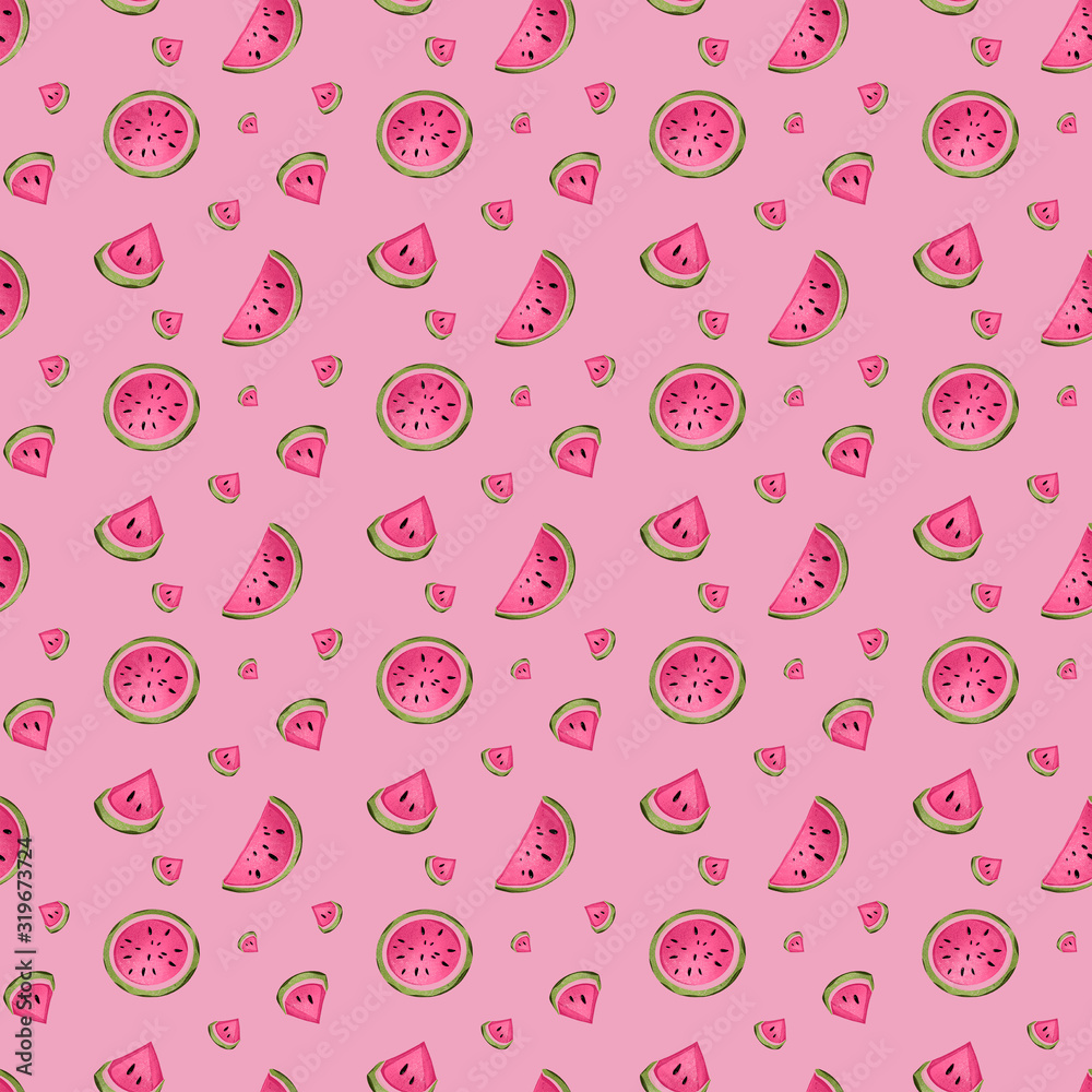 Digital illustration of a cute juicy hot pink watermelon pattern on a pink background. Print for fabrics, paper, banners, posters, coverings, textiles. Digital illustration of a cute juicy hot pink watermelon pattern on a pink background. Print for fabrics, paper, banners, posters, coverings, textiles.