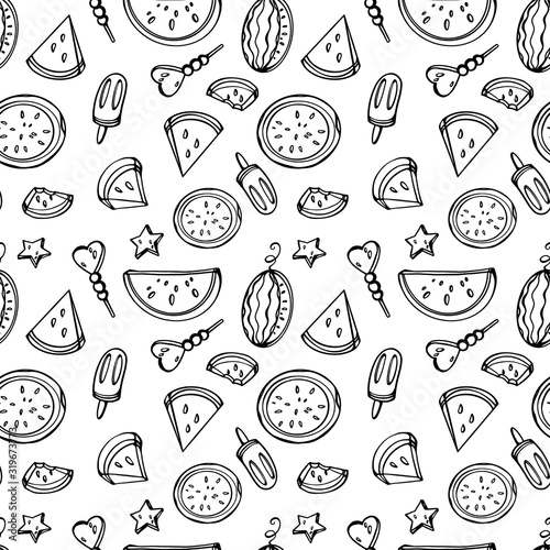 Digital illustration of a cute doodle black outline watermelon pattern. Print for fabrics, paper, banners, posters, invitations, textiles, colorings, packaging.