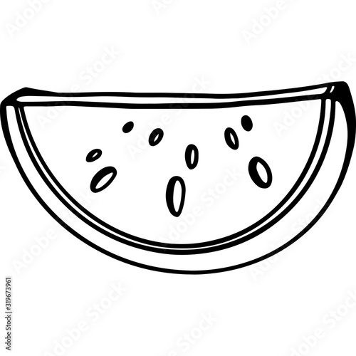 Digital illustration of a cute doodle black outline handmade watermelon semicircular slice with bones. Print for paper, fabrics, textiles, banners, posters, web design, stamps.