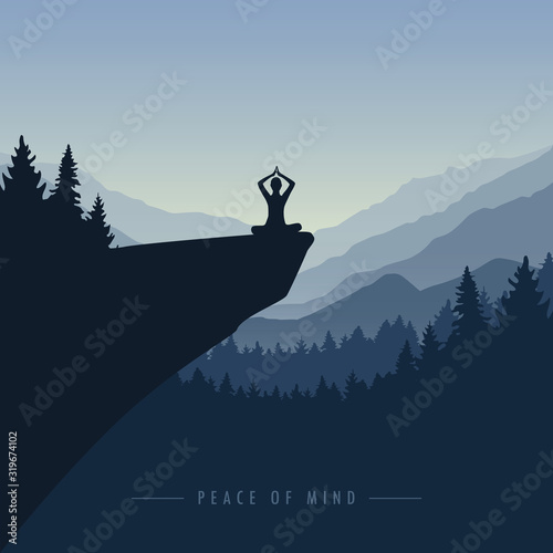 peace of mind mediating person on a cliff with mountain view blue nature landscape vector illustration EPS10