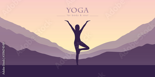 girl makes yoga mountain view purple landscape vector illustration EPS10
