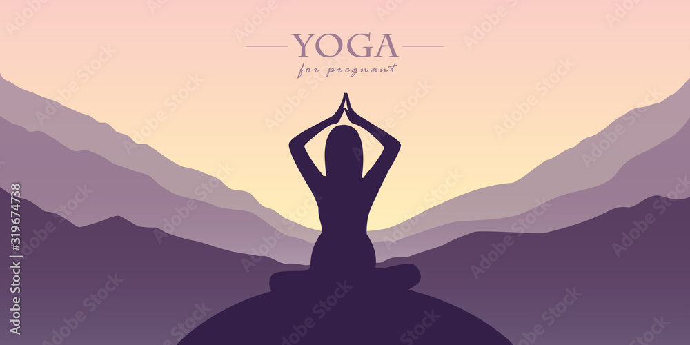 Fototapeta premium yoga for pregnant women silhouette mountain view purple landscape vector illustration EPS10