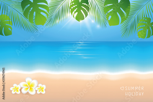 sunny day on the beach summer holiday background with frangipani tropical flowers vector illustration EPS10