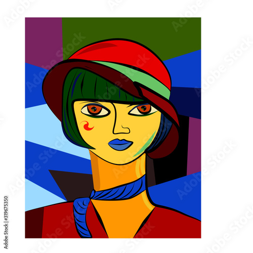 Colorful abstract background, girl with red hat