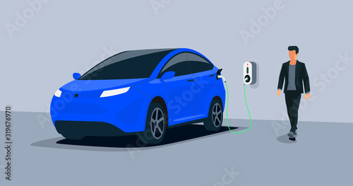 Electric car charging in underground garage home plugged charger station. Vector illustration battery EV vehicle standing parking connected to wallbox. Vehicle being charged with power supply socket. 
