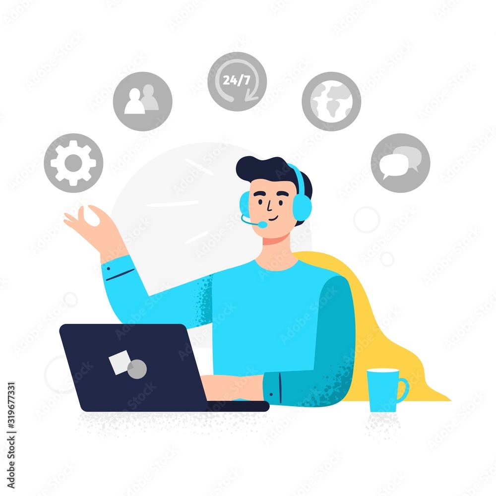 Modern customer service illustration. Positive man answers phone calls, chatting with customers and help clients. Flat Vector illustration good for call centers, helpline or other businesses. Modern customer service illustration. Positive man answers phone calls, chatting with customers and help clients. Flat Vector illustration good for call centers, helpline or other businesses.