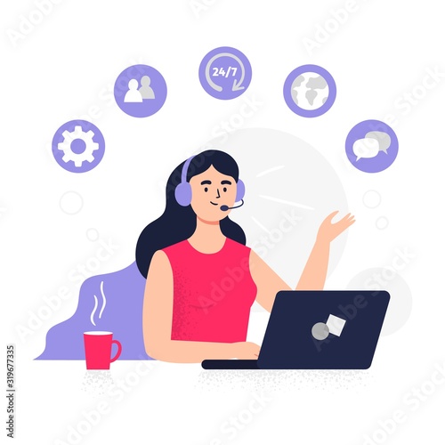 Customer service illustration. Girl answer phone calls, chatting with customers and help clients. Flat Vector illustration good for telemarketing, call centers, helpline or other businesses. 