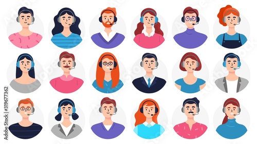 Set of man and woman avatars with headsets. Many beautiful faces are good for telemarketing, call centers, helpline or other businesses. Flat Vector illustration.