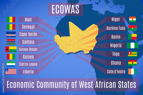 Map and flag of the Economic Community of West African States (ECOWAS). photo