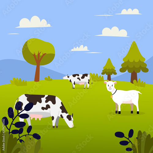 Nature landscape with cows  goat   grass  trees   hill and montain.Meadow and sky background in flat design.Summer green field vector.Beautiful green field with animal farm with blue sky
