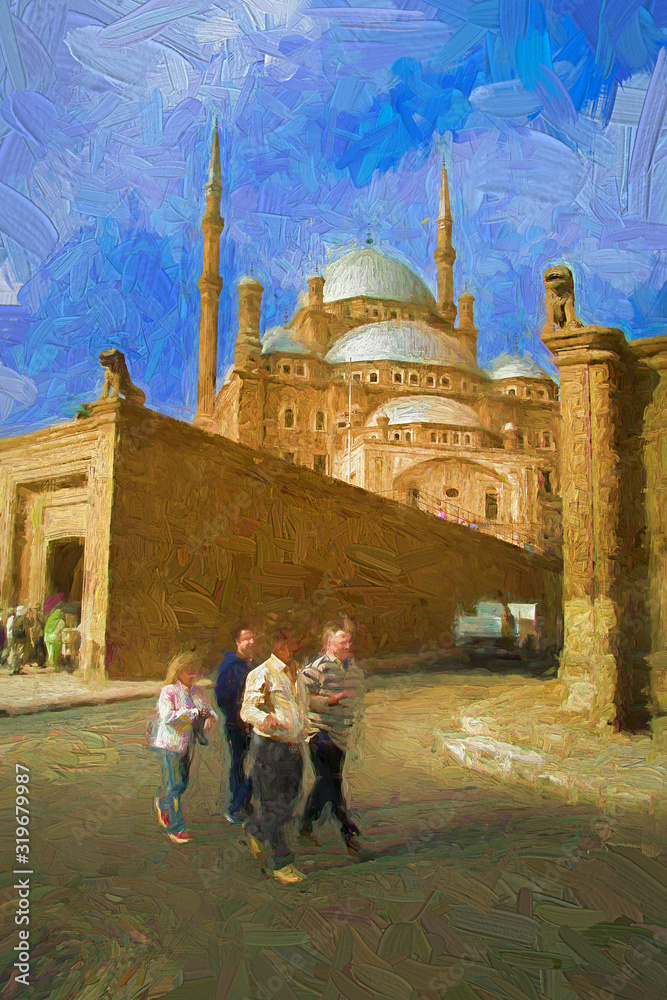 Obraz premium Tourists visiting The Great Mosque of Muhammad Ali Pasha on a clear day, Cairo, Egypt. Abstract oil painting.