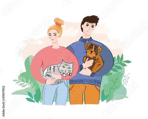 A young girl and a guy holding a cat and a dog against a background of green bushes drawn in a flat style. Concept of a banner about homeless animals, volunteer assistance to Pets. Vector illustration