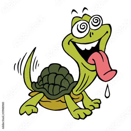 Cute turtle pet with tongue out waiting for dainty, color cartoon photo