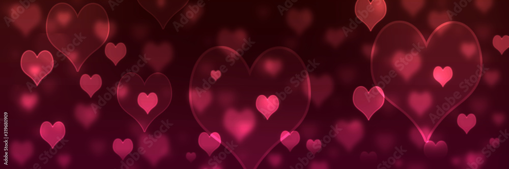 Abstract dark red bokeh banner background with hearts - happy birthday, father's day, valentine's day panorama