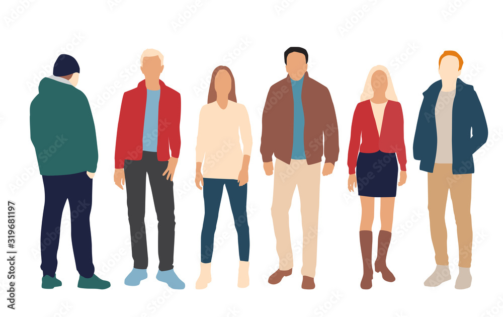Fototapeta premium Silhouettes of men and women, different colors, cartoon character, group of standing business people, flat icon design concept isolated on white backgroundPrint