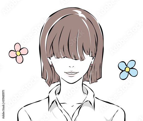 前髪で目を隠した女性の笑顔
