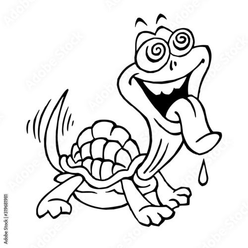 Cute turtle pet with tongue out waiting for dainty, black and white cartoon